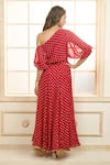 Aariyana Couture_Red Chiffon Embroidered Polka Dot One Shoulder Zari Dress _Online_at_Aza_Fashions