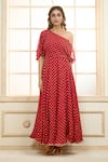 Buy_Aariyana Couture_Red Chiffon Embroidered Polka Dot One Shoulder Zari Dress _Online_at_Aza_Fashions