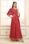 Aariyana Couture_Red Chiffon Embroidered Polka Dot One Shoulder Zari Dress _Online