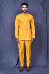 Shop_Arihant Rai Sinha_Yellow Slub Cotton Solid Shirt And Straight Pant Set_Online_at_Aza_Fashions
