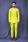 Shop_Arihant Rai Sinha_Yellow Slub Cotton Solid Full Sleeve Plain Shirt And Pant Set_Online_at_Aza_Fashions