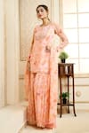 Aariyana Couture_Peach Chiffon Embroidered Floral Round Vintage Pattern Kurta Sharara Set _at_Aza_Fashions