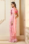 Aariyana Couture_Pink Chiffon Printed Rose Petal V Neck Pre-draped Saree With Blouse  _Online_at_Aza_Fashions