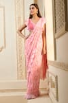 Shop_Aariyana Couture_Pink Chiffon Printed Rose Petal V Neck Pre-draped Saree With Blouse  _at_Aza_Fashions