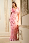 Buy_Aariyana Couture_Pink Chiffon Printed Rose Petal V Neck Pre-draped Saree With Blouse  