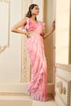 Shop_Aariyana Couture_Pink Chiffon Printed Rose Petal V Neck Pre-draped Saree With Blouse  