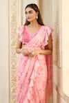 Aariyana Couture_Pink Chiffon Printed Rose Petal V Neck Pre-draped Saree With Blouse  _Online