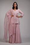 Buy_Shruti S_Pink Organza, Crepe Sequins, Cut Work V-neck Embroidered Kurta Sharara Set _at_Aza_Fashions