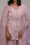 Shruti S_Pink Organza, Crepe Sequins, Cut Work V-neck Embroidered Kurta Sharara Set _at_Aza_Fashions