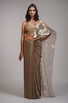 Shruti S_Gold Saree Zari Embroidery Stripe Round Metallic Pre-draped With Blouse _Online_at_Aza_Fashions