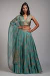 Buy_Shruti S_Green Silk, Organza, Georgette Embroidery, Ananaas Hand Block Print Lehenga Set _at_Aza_Fashions