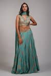Buy_Shruti S_Green Silk, Organza, Georgette Embroidery, Ananaas Hand Block Print Lehenga Set _Online_at_Aza_Fashions