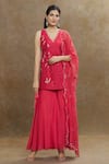 Buy_1999AD By Amita & Deepak_Red Chanderi Embroidered Floral V Neck Kurta Sharara Set _at_Aza_Fashions