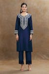 1999AD By Amita & Deepak_Blue Chanderi Embroidered Thread Notched Kurta Pant Set_Online_at_Aza_Fashions