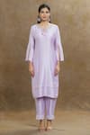 1999AD By Amita & Deepak_Purple Chanderi Embroidered Floral Round Neck Kurta Pant Set _Online_at_Aza_Fashions