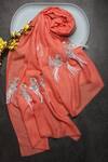 Shop_Modarta_Peach Feather Bird Embellished Pashmina Shawl _at_Aza_Fashions