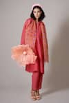 Buy_Priti Prashant_Coral Kurta And Pant Linen Printed Collar Hasu Set With Stole  _at_Aza_Fashions