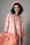 Shop_Priti Prashant_Peach Satin Embroidery Round Neck Kiku Poppy Floral Print Kaftan Dress _Online_at_Aza_Fashions