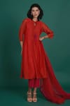 Buy_Priti Prashant_Red Mul Cotton Silk Printed Poppy Frills Orina Smocked Kurta Pant Set _at_Aza_Fashions