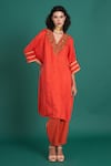 Buy_Priti Prashant_Orange Silk Embroidered Zardozi V Neck Hana Kaftan Kurta And Pant Set _at_Aza_Fashions