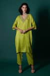 Buy_Priti Prashant_Green Silk Embroidered Zardozi V Neck Riaa Kaftan Kurta And Pant Set  _at_Aza_Fashions