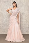 Buy_Ritika Mirchandani_Pink Crepe Embroidery Thread Leaf Scallop Lehenga Saree With Blouse  _at_Aza_Fashions