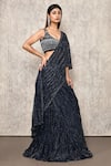 Buy_Ritika Mirchandani_Blue Crepe Embroidery Thread Leaf Chevron Lehenga Saree With Blouse  _Online_at_Aza_Fashions