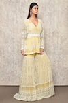 Buy_Ritika Mirchandani_Yellow Crepe Embroidery Thread Plunge V Neck Hand Kurta And Sharara Set  _Online_at_Aza_Fashions