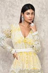 Shop_Ritika Mirchandani_Yellow Crepe Embroidery Thread Plunge V Neck Hand Kurta And Sharara Set  _Online_at_Aza_Fashions