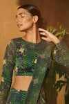Amrood_Green Modal Satin Printed Chevron Round Pre-draped Saree With Blouse_at_Aza_Fashions