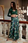 Shop_Amrood_Green Modal Satin Printed Chevron Neckline Embroidered Top And Draped Skirt Set _Online_at_Aza_Fashions