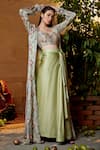 Amrood_Green Modal Satin Printed Chevron Jacket Open Skirt Set _Online_at_Aza_Fashions