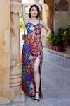 Buy_Amrood_Orange Modal Satin Printed Mixed Sweetheart Neck High Slit Dress _at_Aza_Fashions