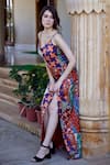 Amrood_Orange Modal Satin Printed Mixed Sweetheart Neck High Slit Dress _Online_at_Aza_Fashions