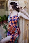 Buy_Amrood_Orange Modal Satin Printed Mixed Sweetheart Neck High Slit Dress _Online_at_Aza_Fashions