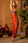 Shop_Amrood_Orange Modal Satin Printed And Embroidered Mixed Top & Draped Skirt Set _at_Aza_Fashions