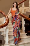 Buy_Amrood_Orange Modal Satin Printed Mixed Pre-draped Saree And Blouse Set _at_Aza_Fashions