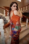 Shop_Amrood_Orange Modal Satin Printed Mixed Pre-draped Saree And Blouse Set _at_Aza_Fashions