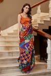 Amrood_Orange Modal Satin Printed Mixed Pre-draped Saree And Blouse Set _Online_at_Aza_Fashions