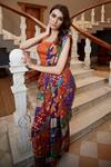 Buy_Amrood_Orange Modal Satin Printed Mixed Pre-draped Saree And Blouse Set _Online_at_Aza_Fashions