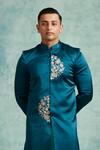 Vedika Soni_Blue Satin Embroidery Floral Placed Sherwani Pant Set _Online_at_Aza_Fashions