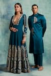 Buy_Vedika Soni_Blue Satin Embroidery Floral Placed Sherwani Pant Set 
