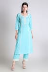 Buy_Tashee_Sky Blue Cotton Embroidered Thread Notched Floral Placement Kurta With Pant _at_Aza_Fashions