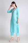 Shop_Tashee_Sky Blue Cotton Embroidered Thread Notched Floral Placement Kurta With Pant _at_Aza_Fashions