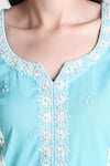 Tashee_Sky Blue Cotton Embroidered Thread Notched Floral Placement Kurta With Pant _Online_at_Aza_Fashions