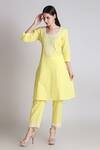 Shop_Tashee_Yellow Cotton Pearls, Lace Scoop Neck Garden Embroidered Kurta With Pant _Online_at_Aza_Fashions