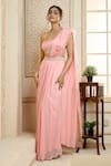 Shop_Aariyana Couture_Peach Drape Saree- Viscose Georgette And Silk Satin Pre-draped With Shell Bustier _Online_at_Aza_Fashions