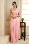 Shop_Aariyana Couture_Peach Drape Saree- Viscose Georgette And Silk Satin Pre-draped With Shell Bustier _at_Aza_Fashions