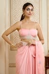 Aariyana Couture_Peach Drape Saree- Viscose Georgette And Silk Satin Pre-draped With Shell Bustier _at_Aza_Fashions