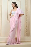 Buy_Aariyana Couture_Pink Bustier Satin Lycra Hand Pre-draped Ruffle Saree With  _at_Aza_Fashions